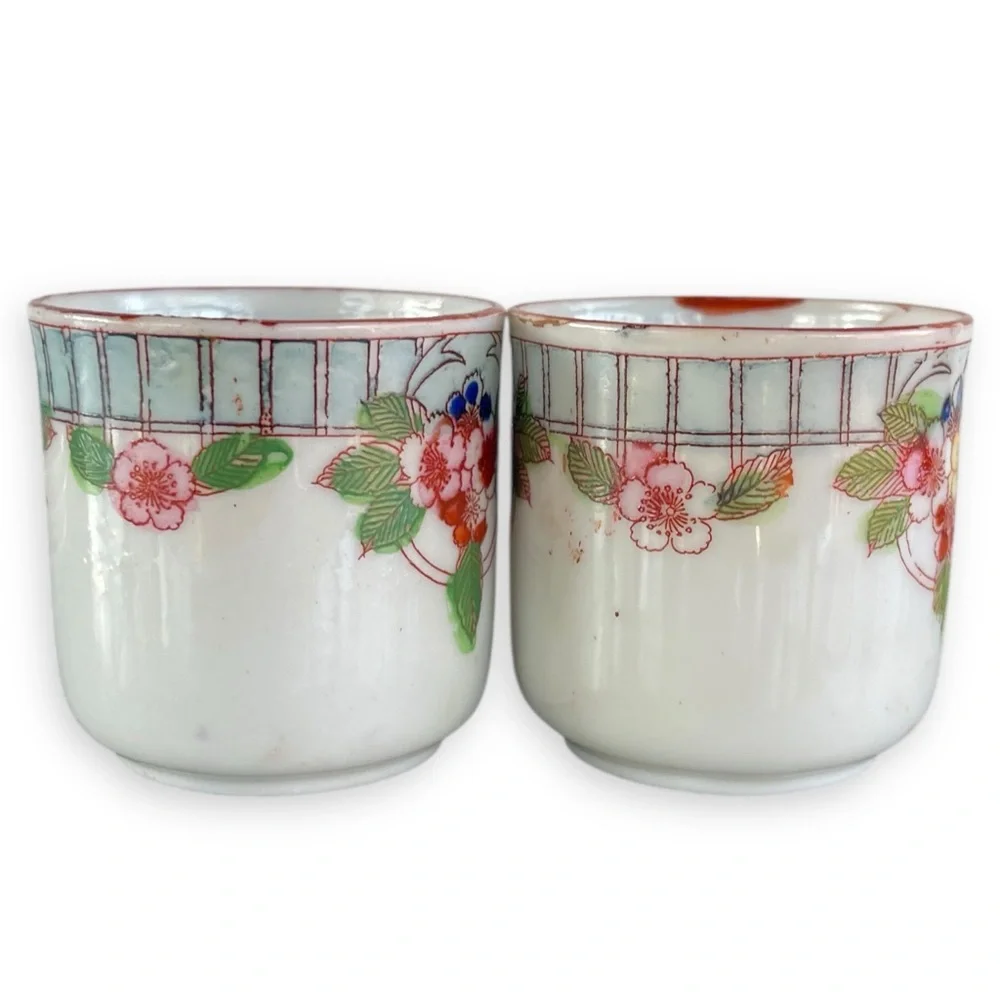 Post War Floral Patterned Porcelain Demitasse Teacup Saucer 5pc. Set